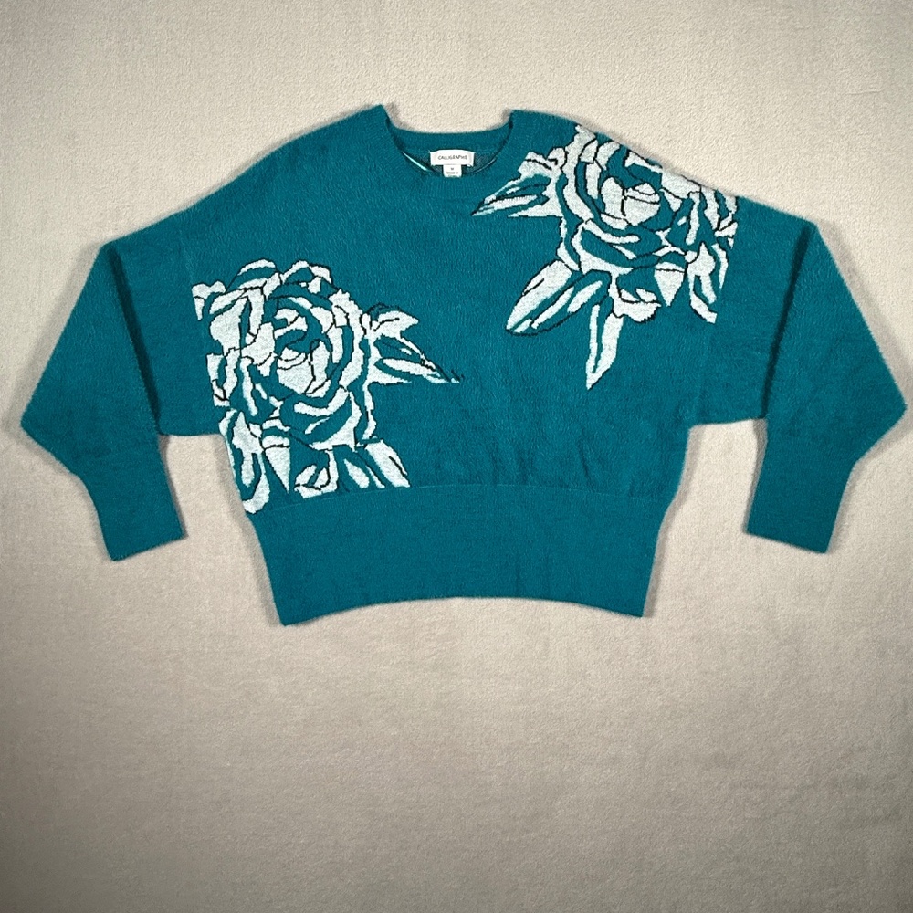 Calligraphie Sweater Womens Medium Teal Floral Warm Soft Fuzzy Dolman Sleeve NWT